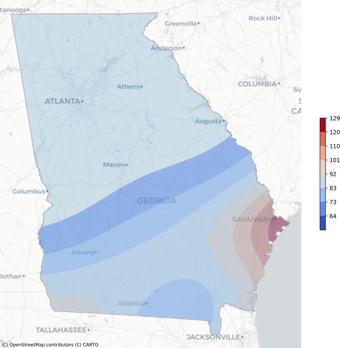 Georgia tropical cyclone risk heat map: Regions color-coded based on frequency of hurricanes and tropical storms, weighted by wind speed, derived from NOAA's historical cyclone track data